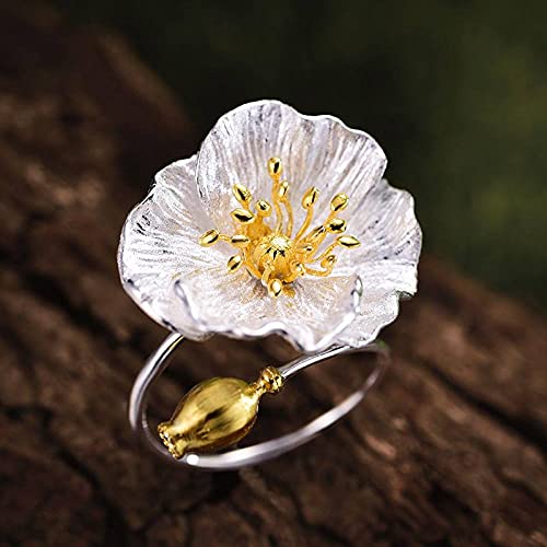 Bague pour femme ajustable anneau ouvert en argent sterling S925 motif fleur coquelicot