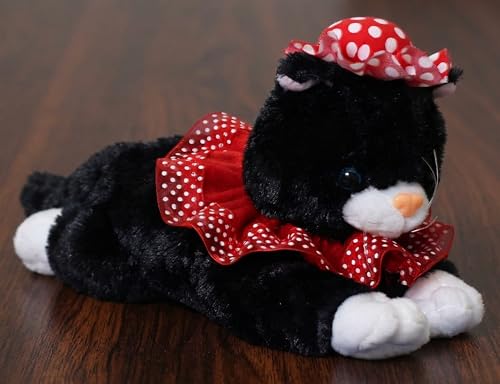 Image of Tickles Soft Stuffed Plush Animal Laying Cat Wearing Dress & Hat Toy for Kids Room (Color: Black Size: 20 cm)
