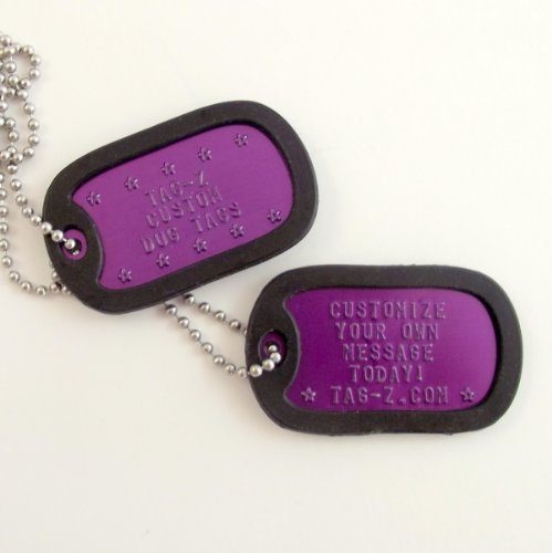 Military Dog Tags - Custom Embossed Purple Tags with Chains and Silencers