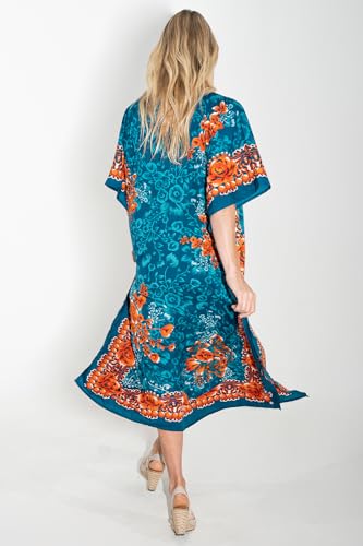 Image of Miss Lavish London Kaftan Dresses for Women Plus Size Long Batwing Sleeve Caftans, V Neck Moo Moo Printed Beach Cover Up Maxi Beach Dress, Bathing Suit Cover-Up Loungewear