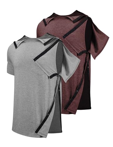 Men's Post Shoulder Surgery Recovery Shirts Tear Away Short Sleeve Full Open Side Snap Dialysis Chemo Clothing2