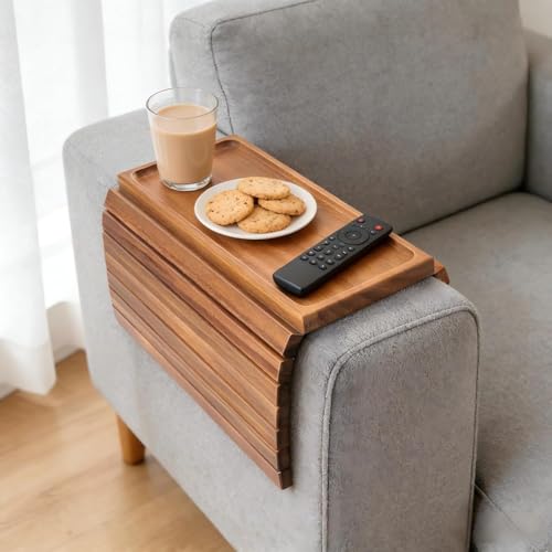 Image of Sofa Armrest Tray Table | Flexible Wooden Couch Arm Tray for Snacks, Drinks, Cup, Remote and Dining Matt | Sofa Side Cover | Bed Table | Food Safe Oil Finish