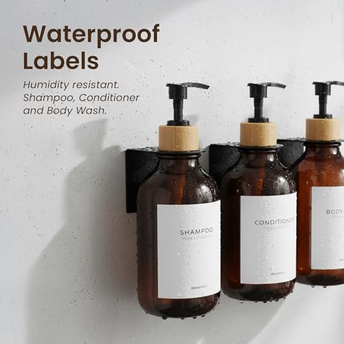 MaisoNovo Shampoo and Conditioner Dispenser Set of 3-500 ml Amber Shower Gel Dispenser Wall Mounted with Black Bamboo Pumps - Drill Free Secure Mounting