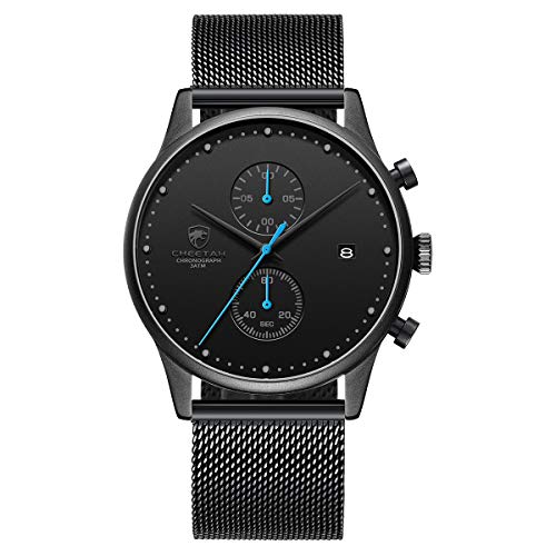 Men's Watch Fashion 10mm Thin Waterproof Watches with Chronograph Mesh Stainless Steel Wristwatch Analog Date (Black Blue)