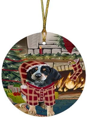 Santa Sled Dogs Bluetick Coonhound Christmas Round Flat Ornament - Pet Decorative Hanging Ornaments for Christmas X-mas Tree Decorations - 2.75" Round Flat Ceramic Christmas Ornament POR1561
