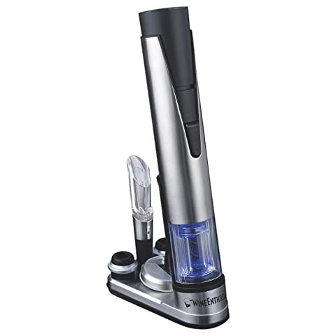 Wine Enthusiast 2-in-1 Electric Blue Automatic Wine Bottle Opener & Preserver Set – Stainless Steel Electric Corkscrew with Vacuum Stopper (7pc Set) Cover