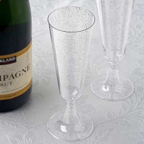LATERN 50Pcs Silver Glitter Champagne Flutes, 150ml Plastic Champagne Glasses Reusable Stemmed Party Wine Cups for Garden Wedding Anniversary Shower Parties (5.5 x 16.5cm)