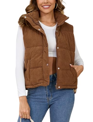 Gihuo Women's Corduroy Puffer Vest Stand Collar Zip Up Padded Vests Sleeveless Quilted Jackets Snap Gilet with Pockets