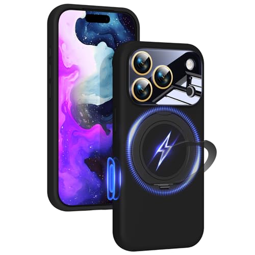 Image of Silicone 360 Spin Magnetic Stand Case for iPhone 17 Pro Max, [Compatible with Mag-Safe][Reinforced Hard Camera Protection] Liquid Silicone Rubber Phone Cover with Ring, Camera Button, Jet Black