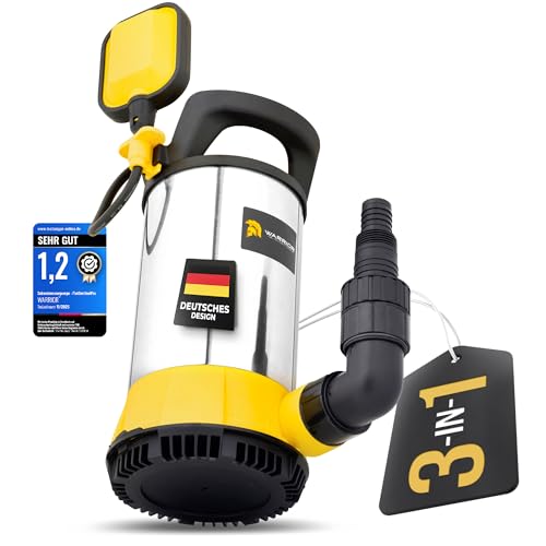 WARRIOR® 3in1 Schmutzwasserpumpe flachsaugend [TESTSIEGER] Fördermenge: 18.000 l/h mit SnapLock-System, Tauchpumpe Schmutzwasser mit ECHTE 1mm, Powerstrap und Tragetasche für Teich und Pool