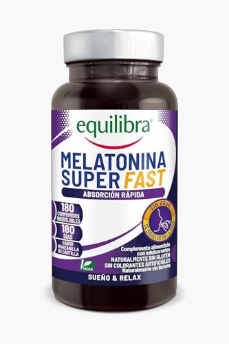 Equilibra, Melatonina Superrápida, Suplemento de Melatonina de Absorción Rápida, Sin Necesidad de Agua, Sabor a Manzanilla, Vegano, 180 Comprimidos Solubles