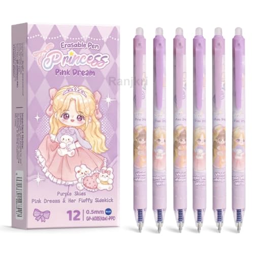 Image of Princess Pink Dream Erasable Gel Pens Set of 12 | 0.5 mm Fine Tip Blue Ink | Heat Erase Technology | Cute Stationery for Kids Students School Exams