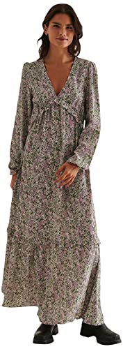 NA-KD Women's Balloon Sleeve Maxi Frill Casual Dress, Pink Flower, 10 UK