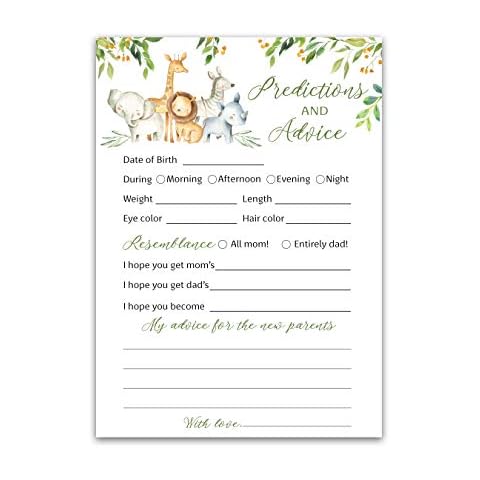 SAFARI ANIMALS Prediction and Advice Cards - Pack of 25 - Country Rustic JUNGLE THEME Baby Shower Games, Wishes for New Parents Mom & Dad to be Mommy & Daddy Message Shower Activity Keepsake G550-PDAV Cover