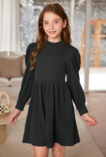 BesserBay Girls Fall Knit Textured Mock Neck Puff Long Sleeve Midi Dress with Pockets 6-14 Years3