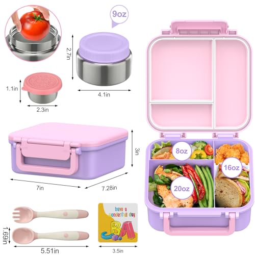 Image of Kids Bento Lunch Box with 9oz Soup Thermo Leakproof Lunch Food Containers 4 Compartment with Insulated Hot Food Jar for Kid Toddler Girls Boys to School Trvael