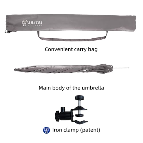 Image of AMMSUN XL Chair Umbrella with Universal Clamp Adjustable 47 inches and 360-degree Swivel UPF 50+, Portable Clamp on Camping or Beach Chair, Stroller, Wheelchair, Golf cart, Grey, 2 PACK