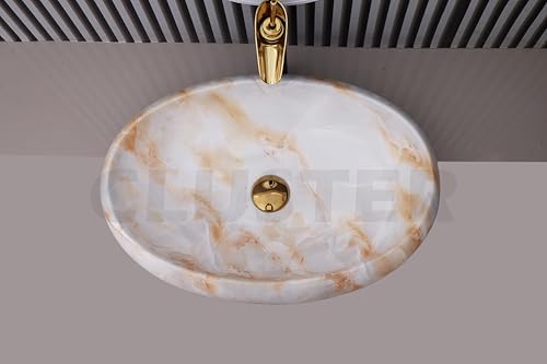 Image of CLUSTER Designer Glossy Ceramic Table Top Wash Basin For Bathroom | Countertop Bathroom Sink For Livingroom, Resturant Decor, Oval Shape (24 x 16 x 6 inch)