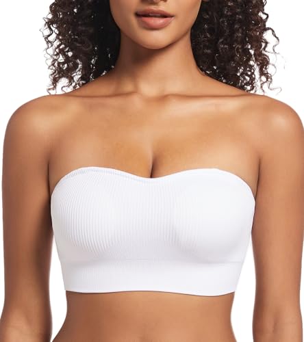 Image of PRETTYWELL Strapless Bra for Women Ribbed Seamless Non-Slip Comfort Padded Wireless Bandeau Bras Wireless Tube Top Bra