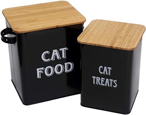 Cat Food And Treats Containers Set With Scoop For Cats Or Dogs -Tight Fitting Wood Lids - Coated Carbon Steel - Storage Canister Tins-Cat-Black #TOP19