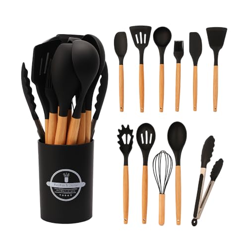 Kit 12 Utensílios De Cozinha Em Silicone E Cabo De Madeira Jogo D...