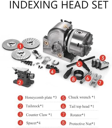 Heavy Duty 3-Jaw Dividing Head Set for Milling - Precision Semi Universal Dividing Head with 100/125/160/200mm Chuck & Tailstock, Includes 5in/125mm Chuck & Precision Scale for Accurate Machining