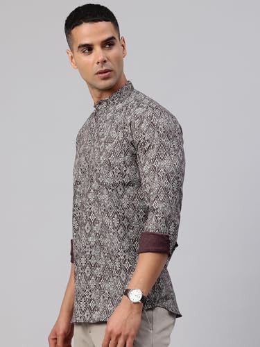 Image of Majestic Man Men's Pure Cotton Printed Mandarin Collar Regular Fit Roll-Up Sleeves Short Kurta