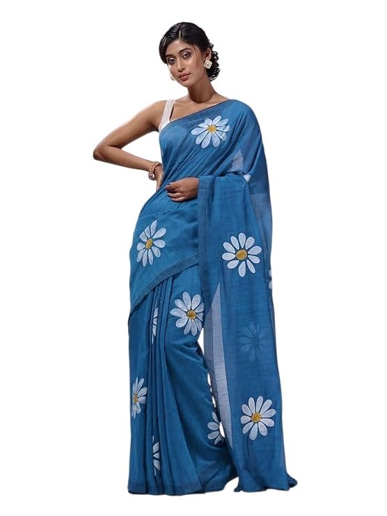 Rajeshwar Fashion (Women’s Linen Cotton saree with digital floral print and latkan work | casual wear | Linen cotton | flower design | Unstitched blouse |Mengo