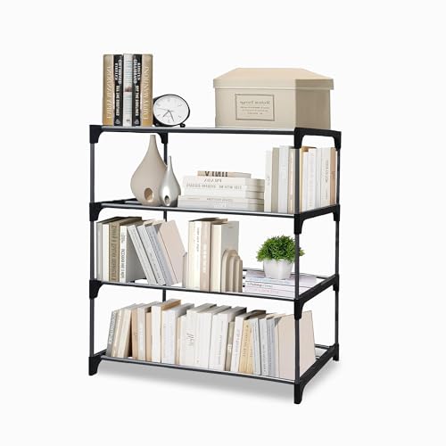 Image of 4 Tier Metal Book Shelf Tall Narrow Storage Rack for Kids and Adults Modern Bookshelf Unit for Nursery, School, Home, and Office, Floor Mount Open