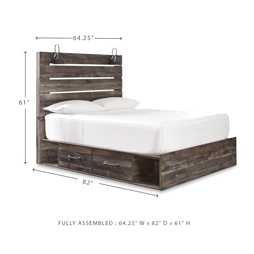 Image of Signature Design by Ashley Drystan Queen Panel Bed with 2 Storage Drawers, Sconce LED Lights, and USB Charging Ports, Engineered Wood Platform Design, No Box Spring Needed, Dark Brown and Gray
