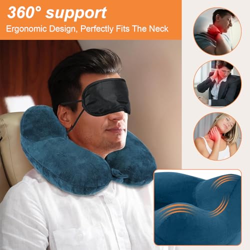 Oreiller de Voyage Gonflable, Compact Coussin de Voyage, Coussin de Voyage Avion Gonflable, Support de Cou en Velours Doux pour l'avion, Le Train, la Voiture et Le Bureau avec Masque pour Dormir – Image 3