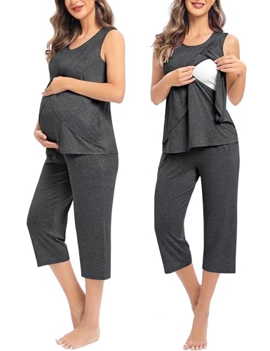 Image of SWOMOG Women Maternity Pajama Set Nursing Pjs Double Layer Sleeveless Top Capri Pregnancy Set Breastfeeding Pjs with Pockets