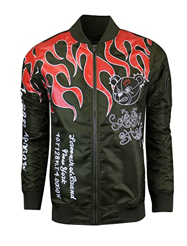 Image of SCREENSHOT Hip-Hop Urban NYC Fashion Bomber Jacket - Modern Outdoor Lightweight Streetwear Graffiti Print Zip Up Top (Large, S51114-Olive)