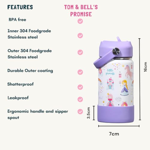 Image of TOM & BELL Kids 350ml Thermos Sipper Bottle for Kids | Toddlers Bottle|Stainless Steel Hot & Cold Water Bottle | Double Walled Vacuum Flask| Rust Resistant| Leakproof. (princess350)