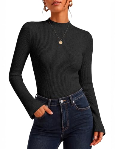 Women Mock Turtleneck Tops Ribbed Long Sleeve Shirts Trendy Fall T-Shirts | Mock Neck Tops, Bell Sleeve Fitted Shirt, Slim Work Office T Shirts, Business Casual Outfits, Basic Thermal Sweater - image 1