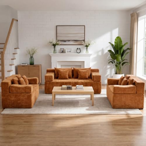 Image of MONVANE 3-Piece Boneless Loveseat Couch Set for Living Room, Oversized Modular Sectional Sofa Set with Removable Armrests, Comfy Chenille Cloud Couch with 12 Pillows, No Assembly Required, Orange