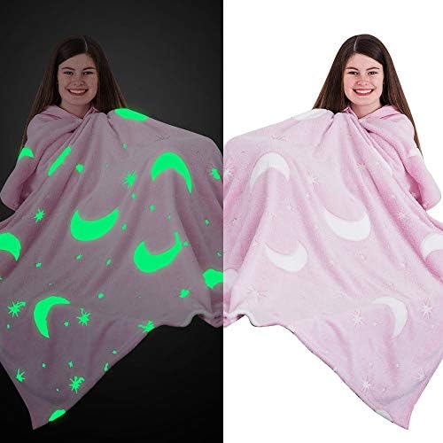 Wicked Gizmos Glow in the Dark Fluffy Throw Over in Soft and Plush Faux-Fur Microfibre Fleece Finish for Bed, Sofa or Couch (Moon & Stars Pink)