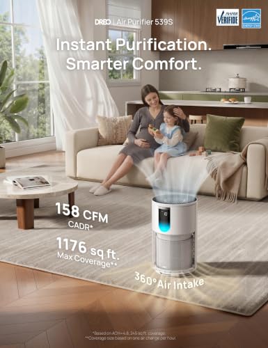 Image of DREO Smart Air Purifier for Home, Up to 1176 ft, HEPA Sleep Mode, Air Cleaner for Large Rooms & Bedrooms, Wi-Fi /Voice /Alexa, Pets, Smoke, Dust, Pollen & Odors, PM2.5 Monitor, DR-HAP009S (Dreo 539S)