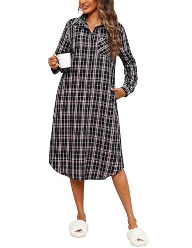 Ekouaer Women's 100% Cotton Long Sleeve Nightgowns Button Down Sleepwear Sleepshirt Long Night Dress Pink and Black