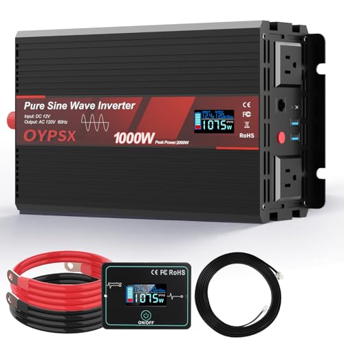 Image of OYPSX 1000W Power Inverter 12V to 110V 120V AC Pure Sine Wave Inverter for RV Truck Camping,Outdoor Off-Grid Power Converter with LCD Display,Wired Controller,AC Outlets USB Ports (12V-1000Watt)