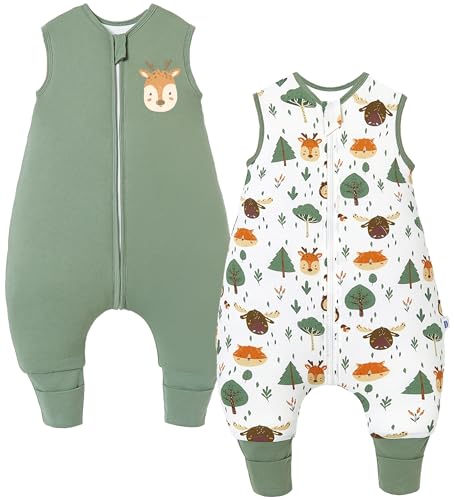 Chilsuessy 2er Pack Baby Schlafsack mit Füßen 2.5 Tog Winter Schlafsack Babyschlafsack mit Beinen Schlafstrampler für Jungen Mädchen, 2.5 Tog/Grün + Wald Tiere, 80cm/Baby Höhe 90-100cm