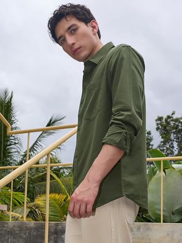 Image of Bewakoof Mens Solid Regular Fit Full Sleeve Collar Cotton Linen Blend Shirt