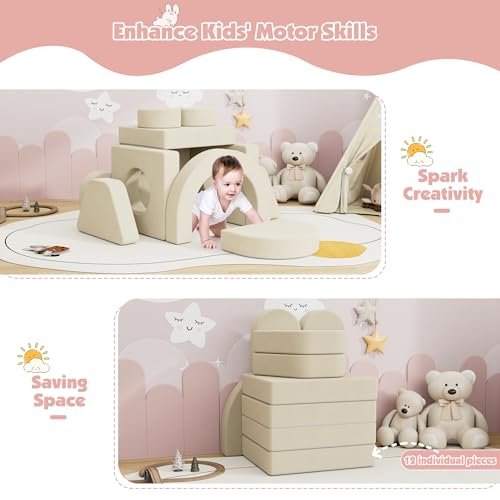 Image of HedoAjim 12 PCS Modular Kids Play Block Soft Child Couch Sofa Toddler Building Fortplay Climbing Bedroom Playroom Baby Convertible Floor Foam Cushion for Kids(Beige-Double)