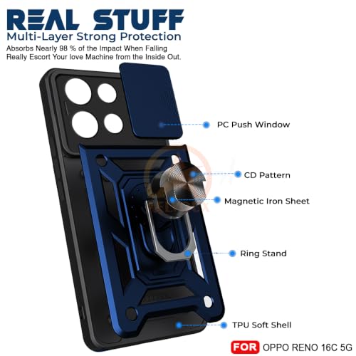 Image of Armor Bumper Back Cover Case for Oppo Reno 16C 5G Rotating Camera Cover, Ring Holder & Kickstand | Heavy Duty & 360 Degree Protection Back Cover for Oppo Reno 16C 5G (Blue)