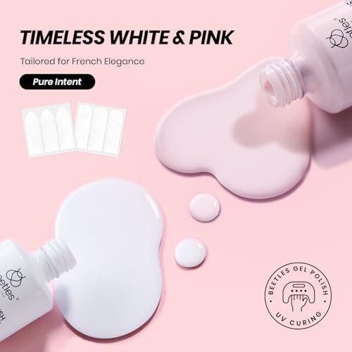 Image of Beetles French Tip Gel Polish Set with White Pink Polish and Stickers | 15ML Full Size White Pink Gel Polish with 2 French Nail Art Sticker Sheets for DIY Manicures