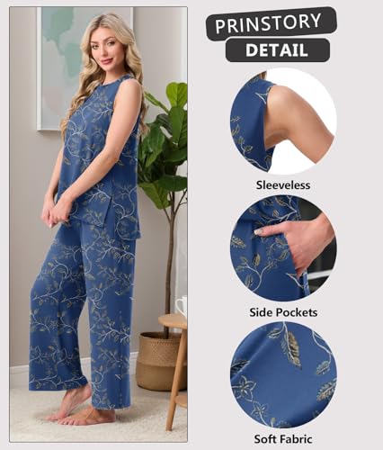 Image of PrinStory Womens Pajamas Sets 2 Piece Soft Pjs for Women Sleeveless Pajama Set Summer Loungewear with Pockets
