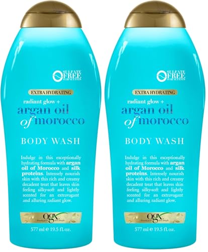 OGX Radiant Glow + Argan Oil of Morocco Extra Hydrating Body Wash for Dry Skin, Moisturizing Gel Body Cleanser for Silky Soft Skin, Paraben-Free, Sulfate-Free Surfactants, 19.5 fl oz (Pack of 2)