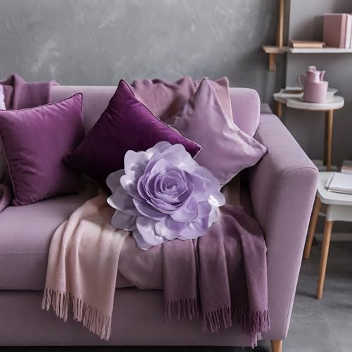 Image of JWH 3D Flower Throw Pillow Covers Aesthetic Decorative Stereo Floral Accent Pillow Cases Round Cushion Rose Pillowcase for Bedroom Bed Couch Chair Car 12 Inch Light Purple