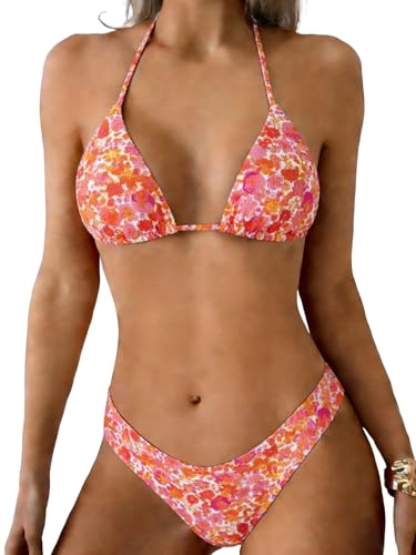 Image of ZAFUL Womens High Cut Bikini Sets Halter Swimsuit 2 Piece Triangle Swimwear | Bathing Suit with Cute Print,Textured Fabric,Removable Pad And Full Lining