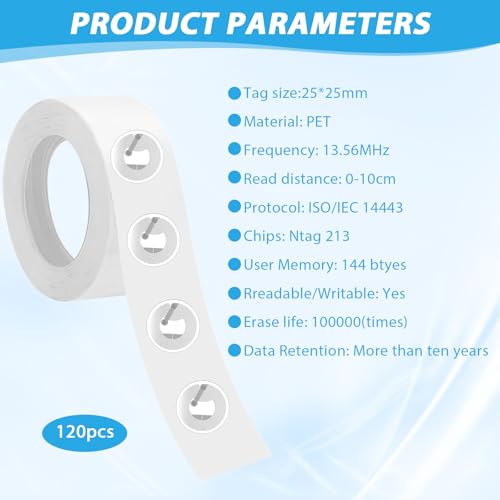 120 Stück NFC Tag Sticker, 25mm NFC Chip, Programmierbar Identifizierung, 144 Byte NFC Tags für Alle NFC-fähigen Handys und Geräte